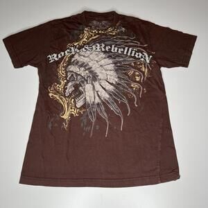 Rock &‎ Rebellion T-Shirt Men’s Medium Brown Graphic Skull Native Headdress